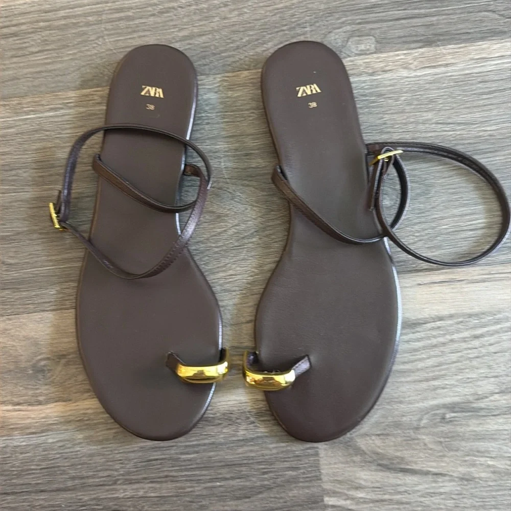 Zara Brown Leather Metal Toe Ring Sandals Size 38 - Picture 5 of 10